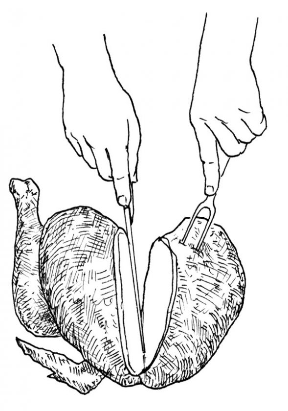 Slice off half of the breast at a time by cutting along the keel bone and rib cage with a sharp knife.